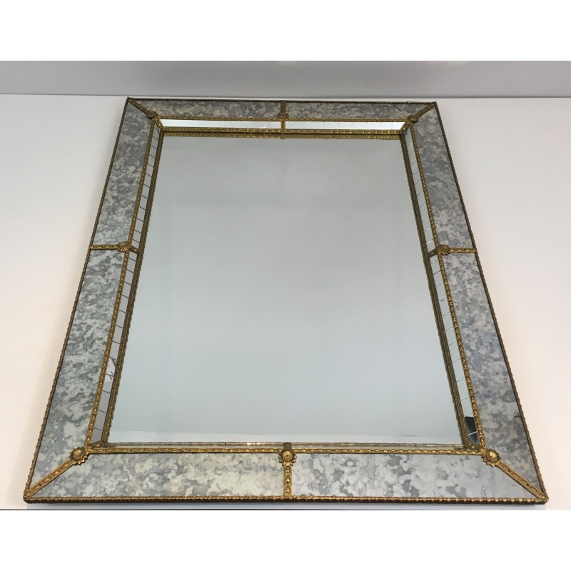 Multi-Faceted Mirror with Brass Garlands, French Work, Circa 1970