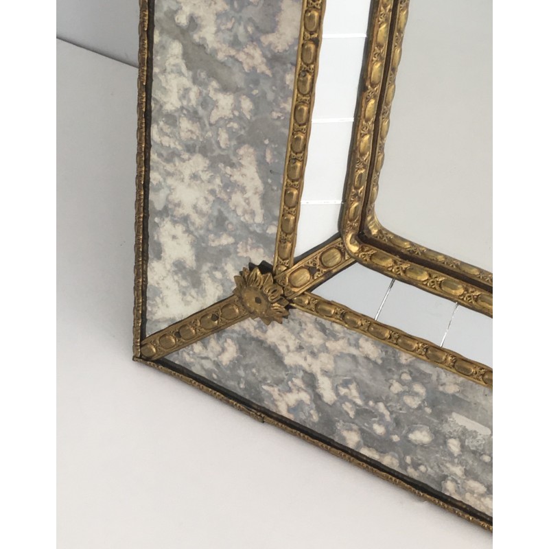 Multi-Faceted Mirror with Brass Garlands, French Work, Circa 1970