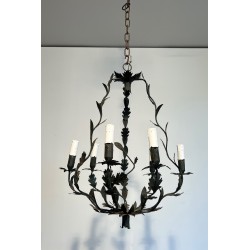 Lustre de Forme Cage à Six Bougies en Fer Forgé à Décors de Feuilles, Travail Français, Vers 1970