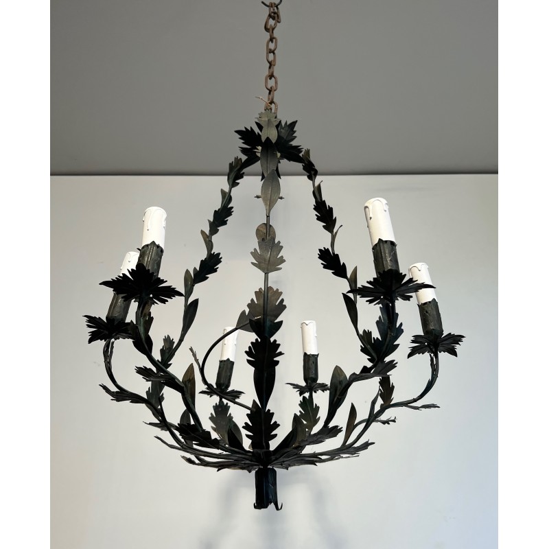 Wrought Iron Cage-Shaped Chandelier with Six Candles and Leaf Décor, French Work, Circa 1970