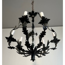 Lustre de Forme Cage à Six Bougies en Fer Forgé à Décors de Feuilles, Travail Français, Vers 1970