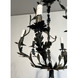 Wrought Iron Cage-Shaped Chandelier with Six Candles and Leaf Décor, French Work, Circa 1970