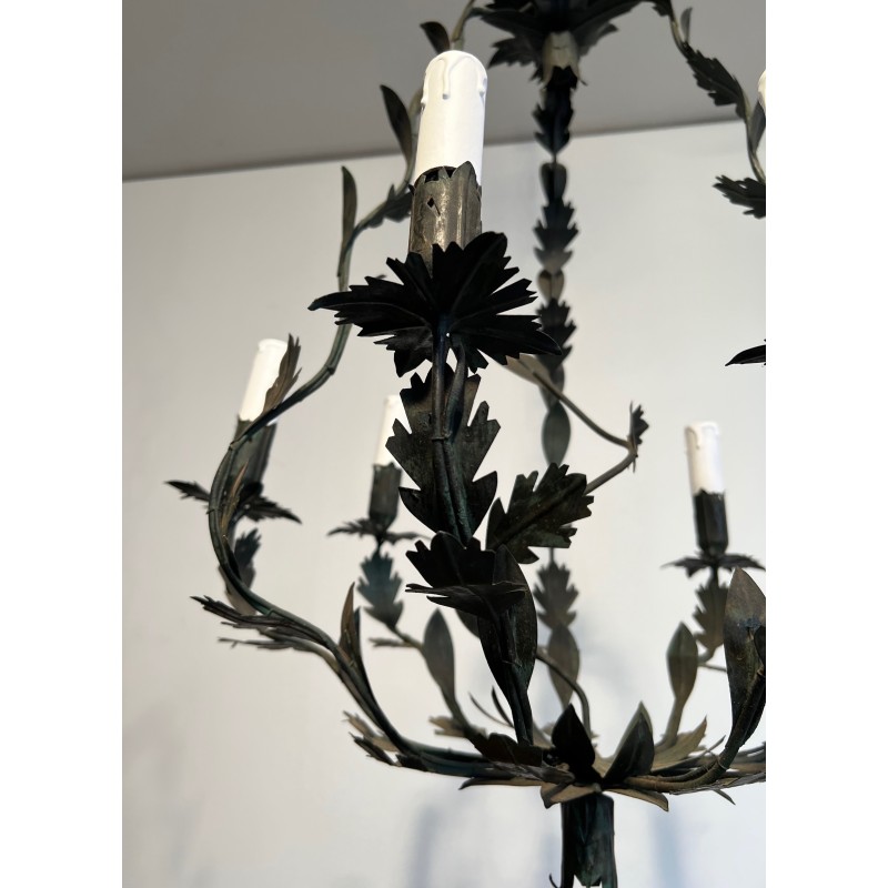 Wrought Iron Cage-Shaped Chandelier with Six Candles and Leaf Décor, French Work, Circa 1970