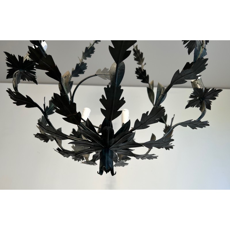 Wrought Iron Cage-Shaped Chandelier with Six Candles and Leaf Décor, French Work, Circa 1970