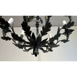 Wrought Iron Cage-Shaped Chandelier with Six Candles and Leaf Décor, French Work, Circa 1970