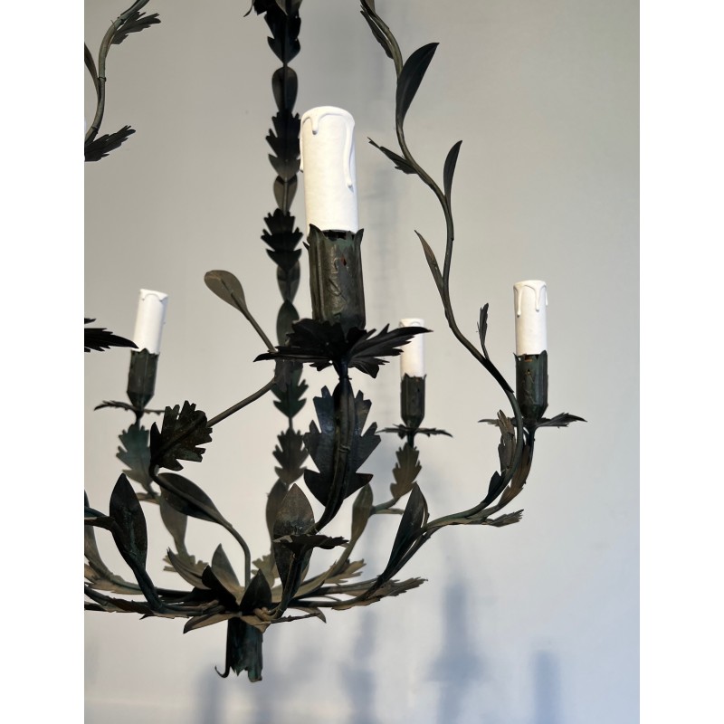 Lustre de Forme Cage à Six Bougies en Fer Forgé à Décors de Feuilles, Travail Français, Vers 1970