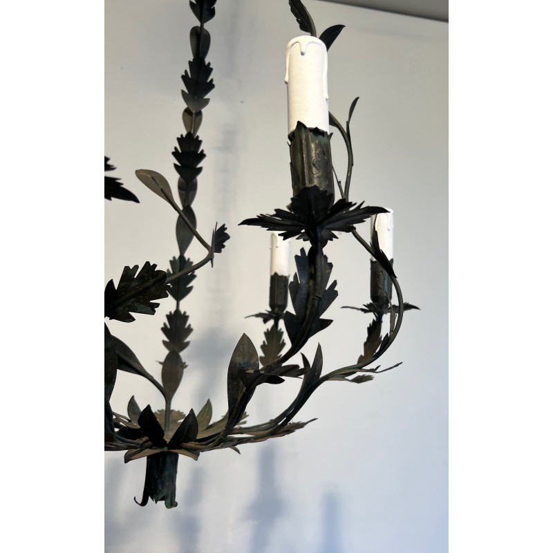 Lustre de Forme Cage à Six Bougies en Fer Forgé à Décors de Feuilles, Travail Français, Vers 1970