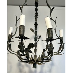 Wrought Iron Cage-Shaped Chandelier with Six Candles and Leaf Décor, French Work, Circa 1970
