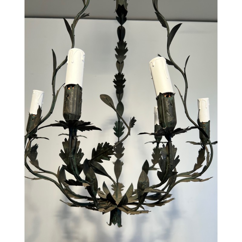 Wrought Iron Cage-Shaped Chandelier with Six Candles and Leaf Décor, French Work, Circa 1970