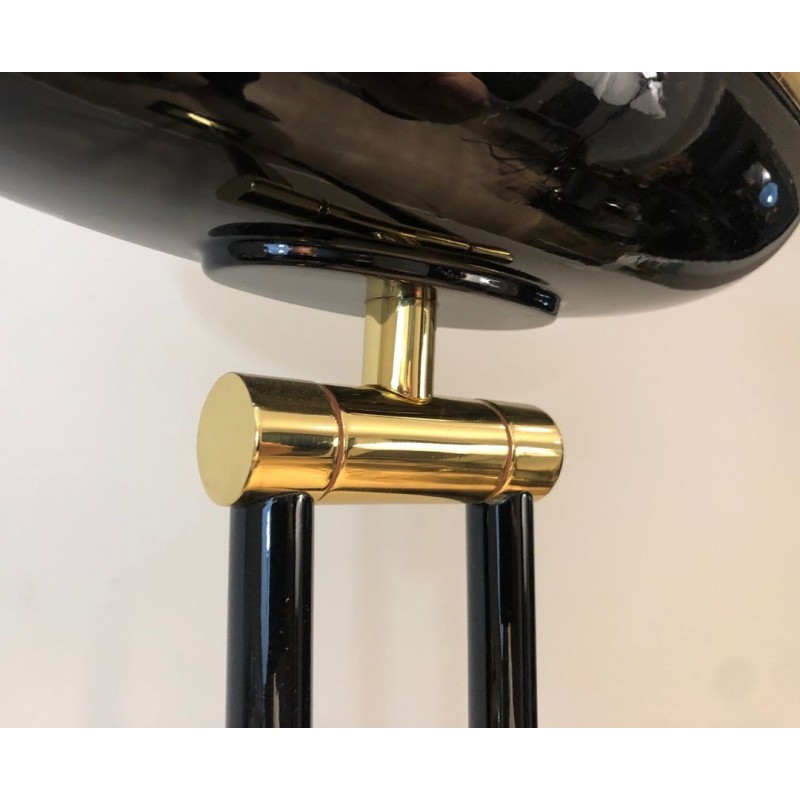 Black Lacquered Metal and Brass Halogen Floor Lamp, French Work, circa 1970 | Maison BARROIS