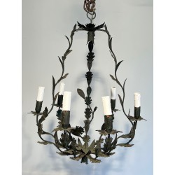 Wrought Iron Cage-Shaped Chandelier with Six Candles and Leaf Décor, French Work, Circa 1970