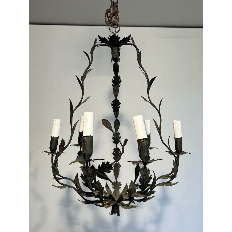 Wrought Iron Cage-Shaped Chandelier with Six Candles and Leaf Décor, French Work, Circa 1970