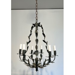 Wrought Iron Cage-Shaped Chandelier with Six Candles and Leaf Décor, French Work, Circa 1970