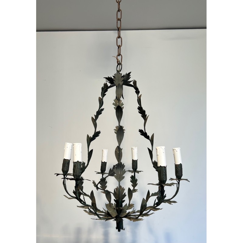 Wrought Iron Cage-Shaped Chandelier with Six Candles and Leaf Décor, French Work, Circa 1970
