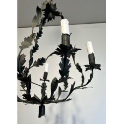 Wrought Iron Cage-Shaped Chandelier with Six Candles and Leaf Décor, French Work, Circa 1970