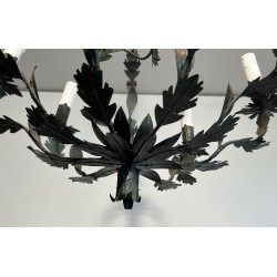 Wrought Iron Cage-Shaped Chandelier with Six Candles and Leaf Décor, French Work, Circa 1970