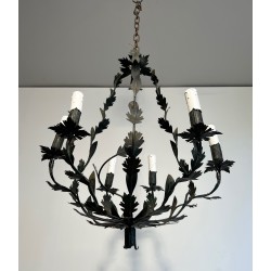 Lustre de Forme Cage à Six Bougies en Fer Forgé à Décors de Feuilles, Travail Français, Vers 1970