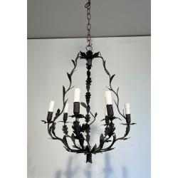 Wrought Iron Cage-Shaped Chandelier with Six Candles and Leaf Décor, French Work, Circa 1970