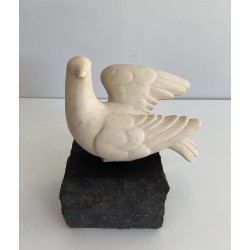 Carrara Marble Sculpture of a Dove on Stone Base, Signed Del Torionne, Italian Work, Circa 1950