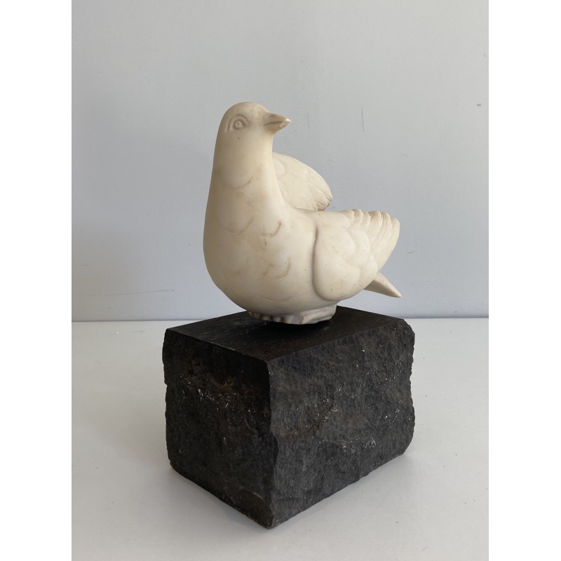 Carrara Marble Sculpture of a Dove on Stone Base, Signed Del Torionne, Italian Work, Circa 1950