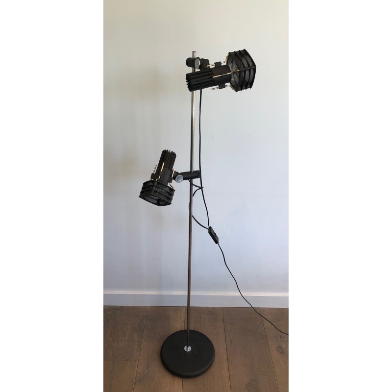 Lampadaire Chrome et Laqué Noir à Réflecteurs Réglables, Travail Français, vers 1980 | Maison BARROIS