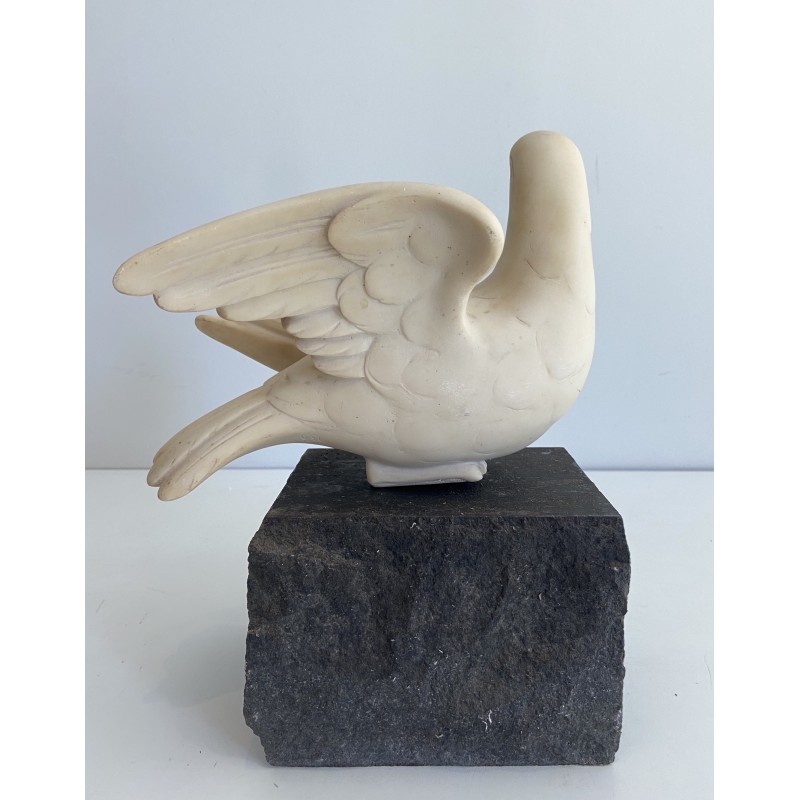 Carrara Marble Sculpture of a Dove on Stone Base, Signed Del Torionne, Italian Work, Circa 1950