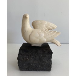 Carrara Marble Sculpture of a Dove on Stone Base, Signed Del Torionne, Italian Work, Circa 1950