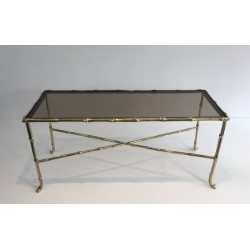 Petite Table Basse Façon Faux-Bambou en Bronze et Dalle de Verre Fumée par la Maison Baguès, Travail Français, Vers 1940