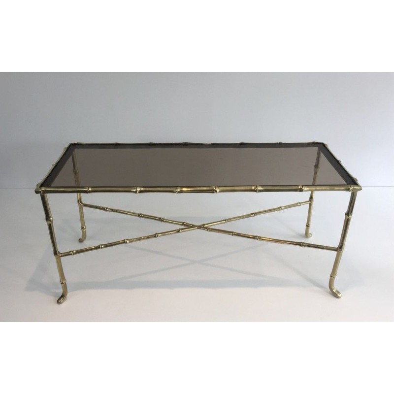 Small Faux-Bamboo Bronze Coffee Table with Smoked Glass Shelf by Maison Baguès, French Work, Circa 1940