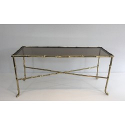 Small Faux-Bamboo Bronze Coffee Table with Smoked Glass Shelf by Maison Baguès, French Work, Circa 1940