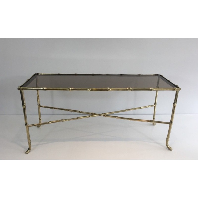 Petite Table Basse Façon Faux-Bambou en Bronze et Dalle de Verre Fumée par la Maison Baguès, Travail Français, Vers 1940