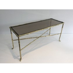 Small Faux-Bamboo Bronze Coffee Table with Smoked Glass Shelf by Maison Baguès, French Work, Circa 1940