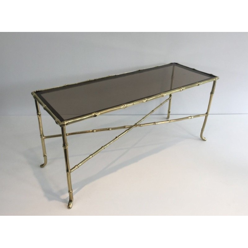 Petite Table Basse Façon Faux-Bambou en Bronze et Dalle de Verre Fumée par la Maison Baguès, Travail Français, Vers 1940