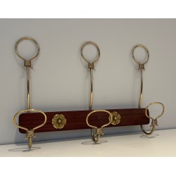 Mahogany and Brass Wall-Mounted Coat Rack, French Work, Circa 1940