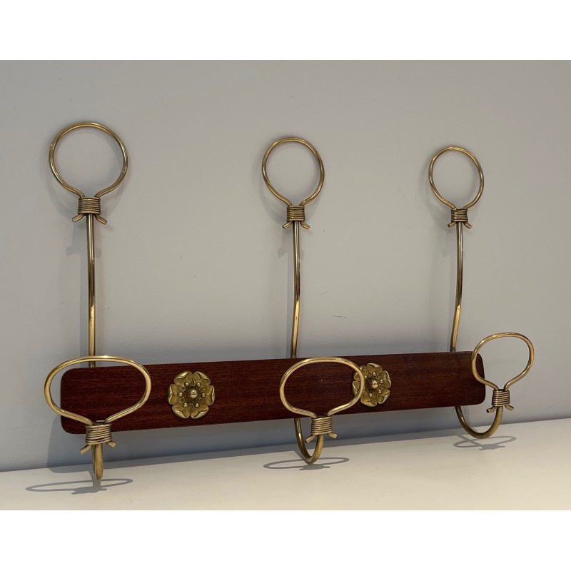 Mahogany and Brass Wall-Mounted Coat Rack, French Work, Circa 1940