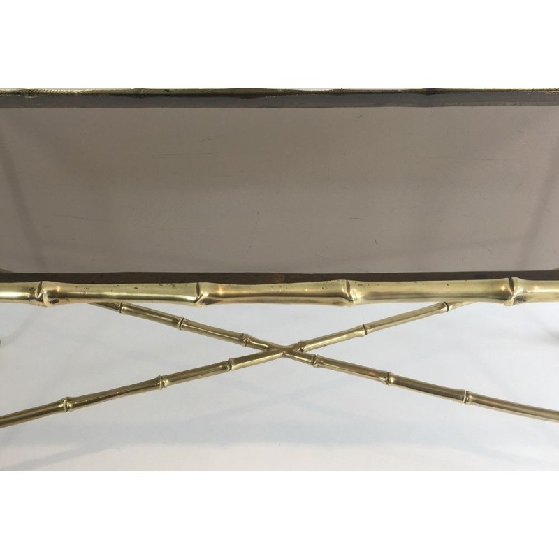 Petite Table Basse Façon Faux-Bambou en Bronze et Dalle de Verre Fumée par la Maison Baguès, Travail Français, Vers 1940