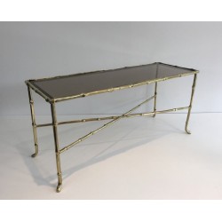 Small Faux-Bamboo Bronze Coffee Table with Smoked Glass Shelf by Maison Baguès, French Work, Circa 1940