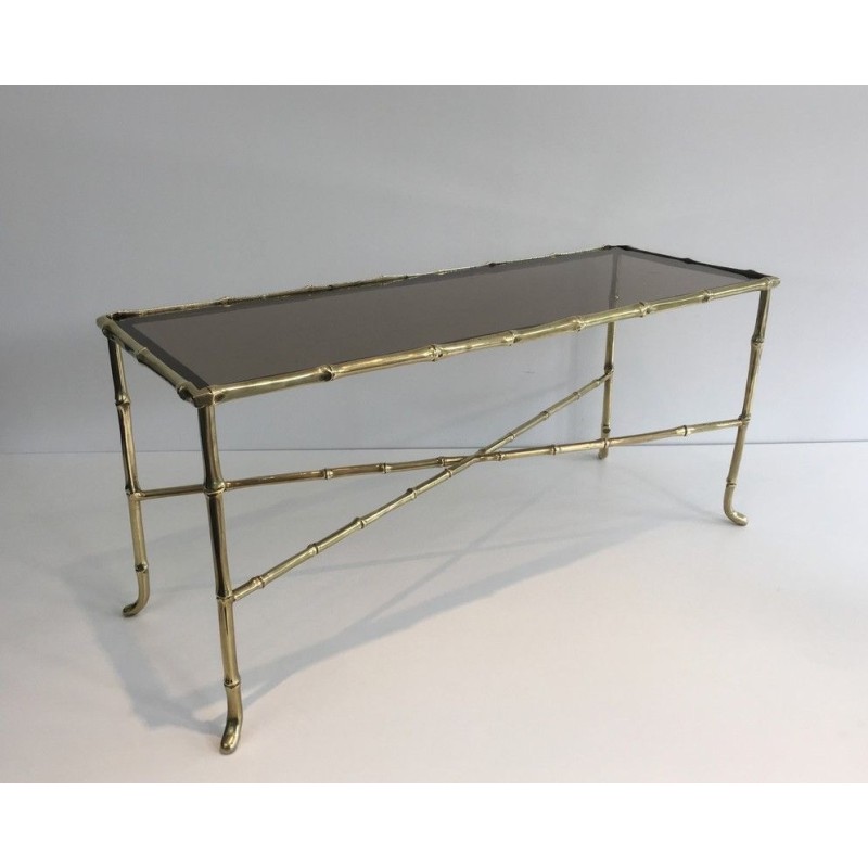 Petite Table Basse Façon Faux-Bambou en Bronze et Dalle de Verre Fumée par la Maison Baguès, Travail Français, Vers 1940