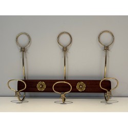 Mahogany and Brass Wall-Mounted Coat Rack, French Work, Circa 1940