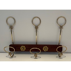 Mahogany and Brass Wall-Mounted Coat Rack, French Work, Circa 1940