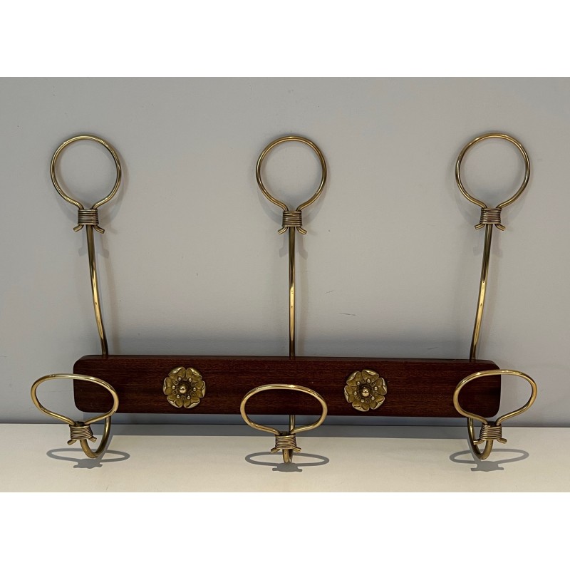 Mahogany and Brass Wall-Mounted Coat Rack, French Work, Circa 1940