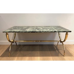 Table Basse Néoclassique en Laiton à Plateau de Marbre Vert par Raymond Subes, Travail Français, Vers 1940