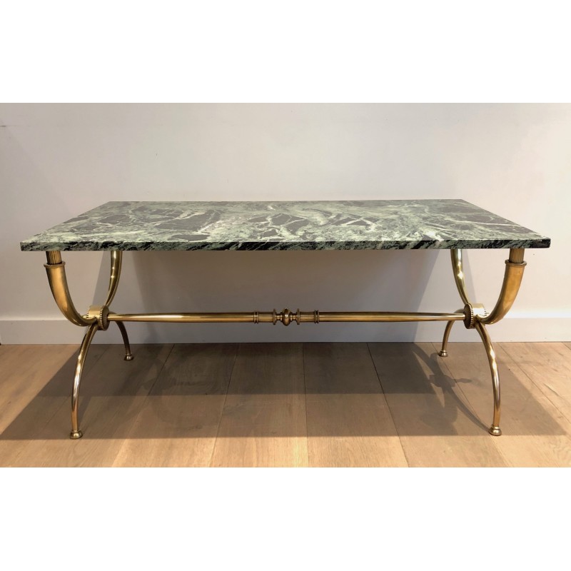 Neoclassical Brass Coffee Table with Green Marble Top by Raymond Subes, French Work, Circa 1940