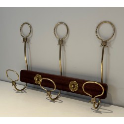 Mahogany and Brass Wall-Mounted Coat Rack, French Work, Circa 1940
