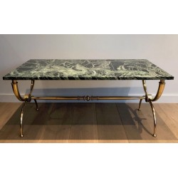 Neoclassical Brass Coffee Table with Green Marble Top by Raymond Subes, French Work, Circa 1940