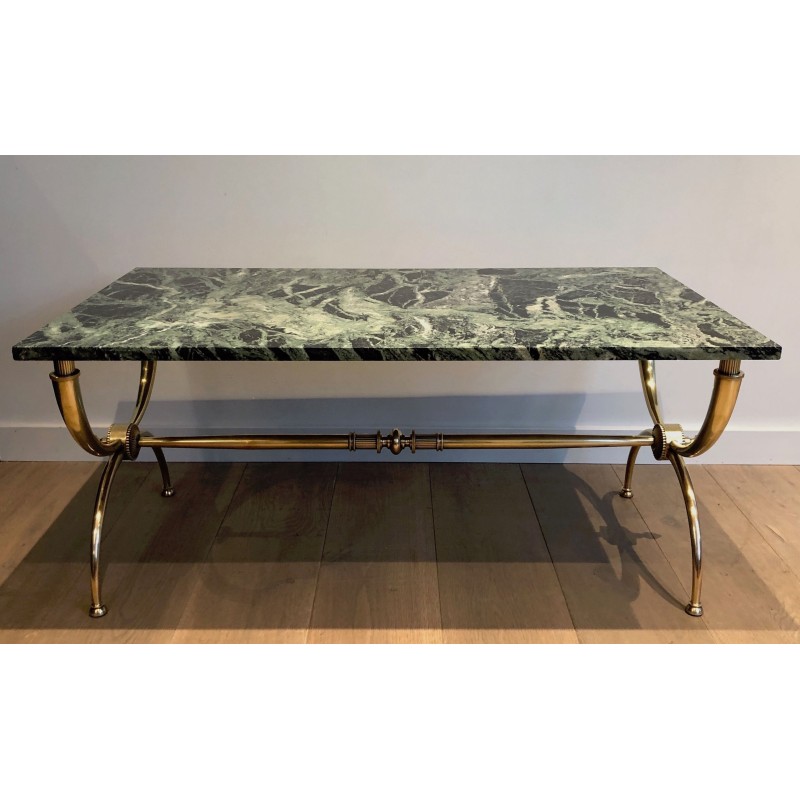 Neoclassical Brass Coffee Table with Green Marble Top by Raymond Subes, French Work, Circa 1940