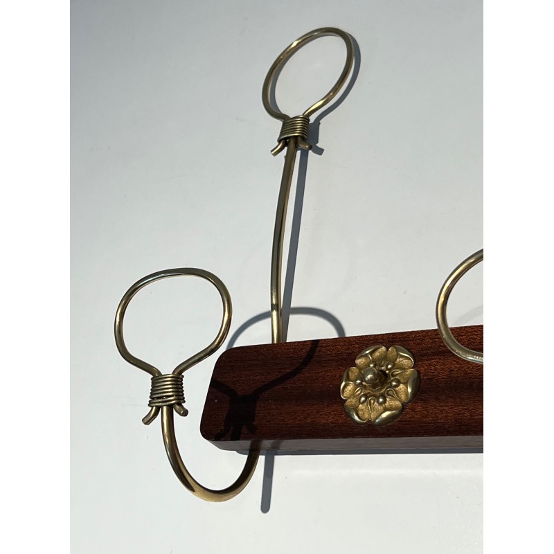 Mahogany and Brass Wall-Mounted Coat Rack, French Work, Circa 1940