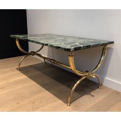 Table Basse Néoclassique en Laiton à Plateau de Marbre Vert par Raymond Subes, Travail Français, Vers 1940