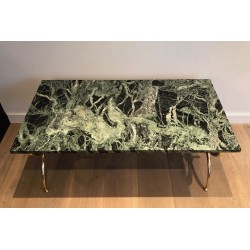 Table Basse Néoclassique en Laiton à Plateau de Marbre Vert par Raymond Subes, Travail Français, Vers 1940