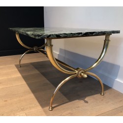 Table Basse Néoclassique en Laiton à Plateau de Marbre Vert par Raymond Subes, Travail Français, Vers 1940